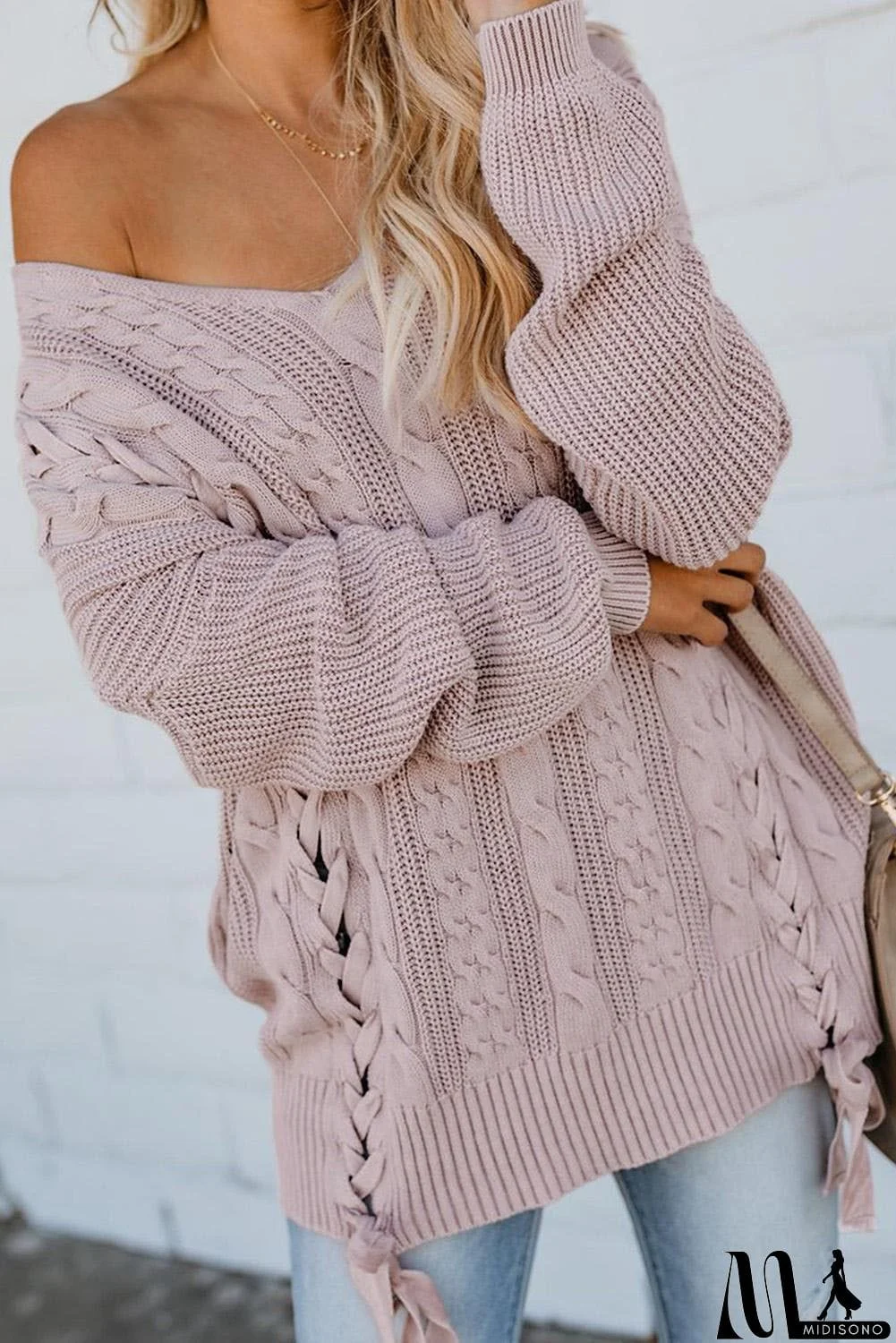 MidiSono - Love Letters Cable Knit Lace Up Sweater