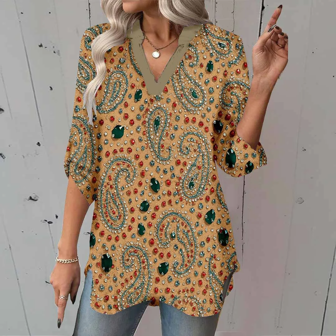 Women Perris, Orange, Black DZGA0390 3/4 Sleeve V-neck Printed Graphic Button Tops