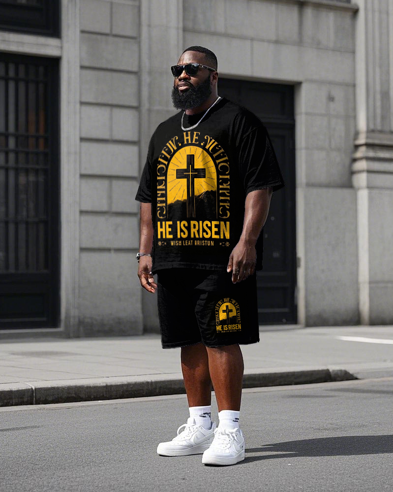 Men's Big Size HE IS RISEN Classic Cross Printed Short Sleeve T-shirt Shorts Set
