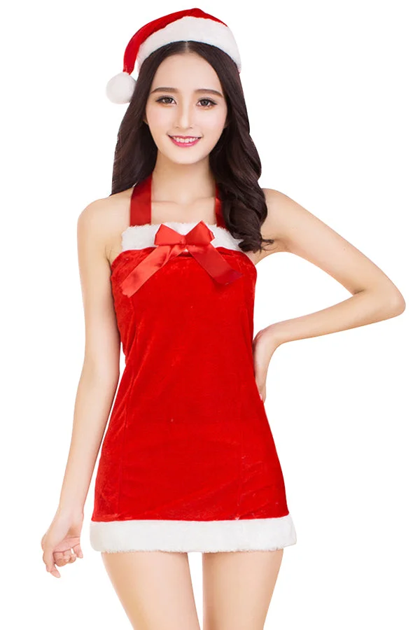 Womens Sexy Off Shoulder Halter Backless Christmas Santa Costume Red-elleschic