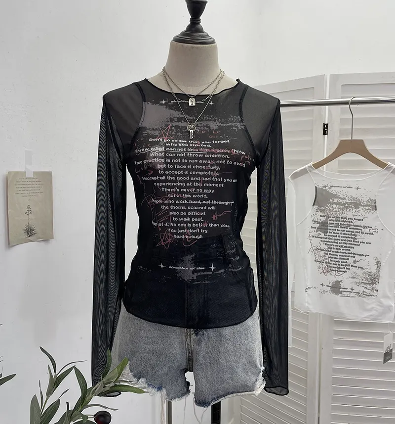 Brownm Graffiti-Printing Mesh T-Shirt 2024 Vintage Spice Girls Slime Long-Sleeved Hooded Top 13213