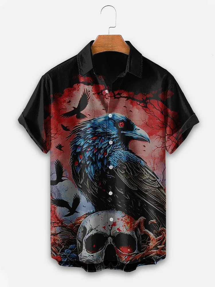 Men's Halloween Raven Print Casual Shirt