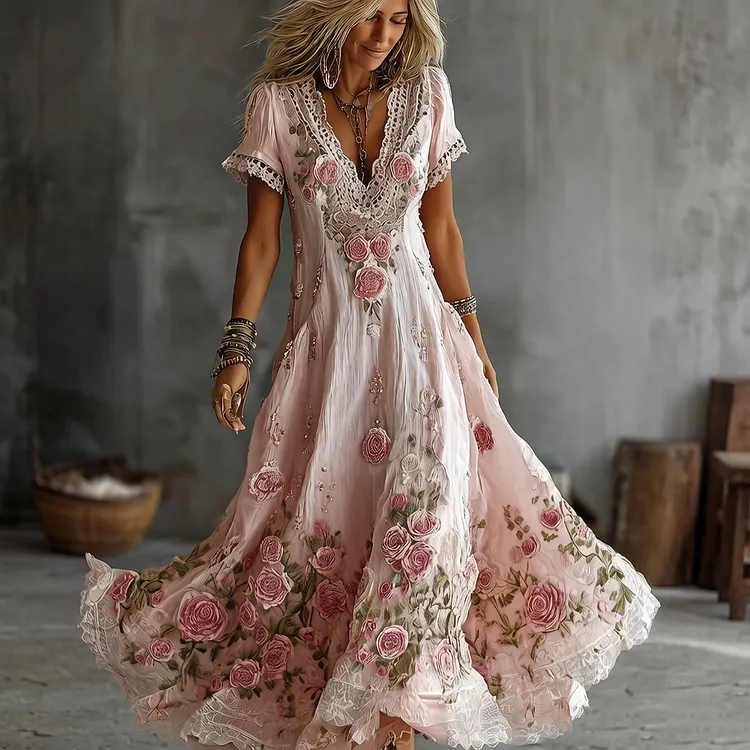 Women's Bohemia Pink Roses Embroidery Art V Neck Short Sleeve Maxi Dress