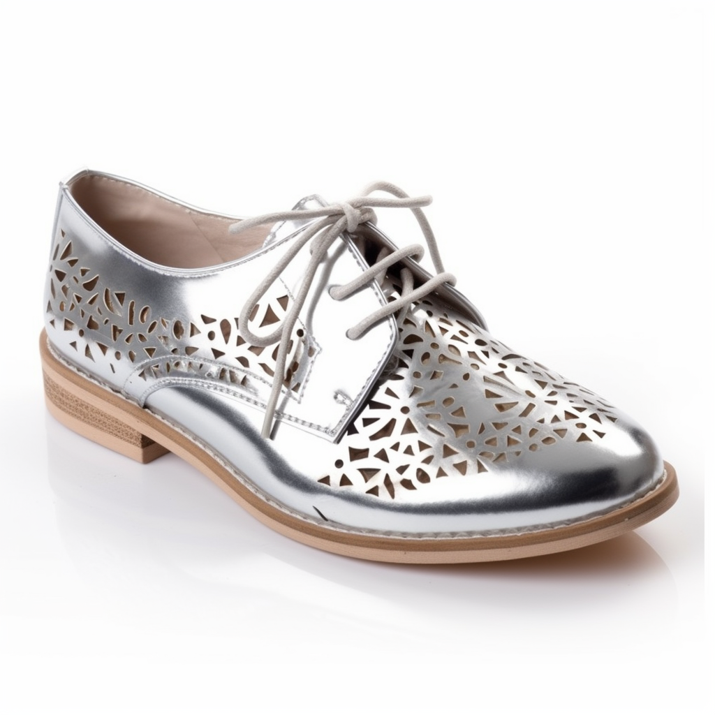 Silver  Round Toe Cut Out Lace Up Oxford Shoes With Low Chunky Heels Nicepairs