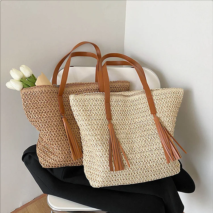 Women's beach vacation woven cotton and linen hollow tote bag