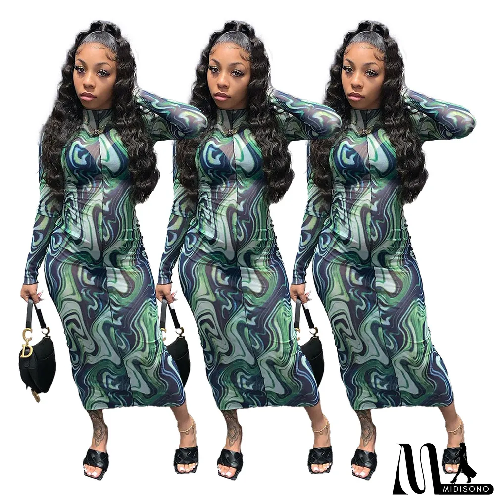 MidiSono - Fashion Net Yarn Print Dress