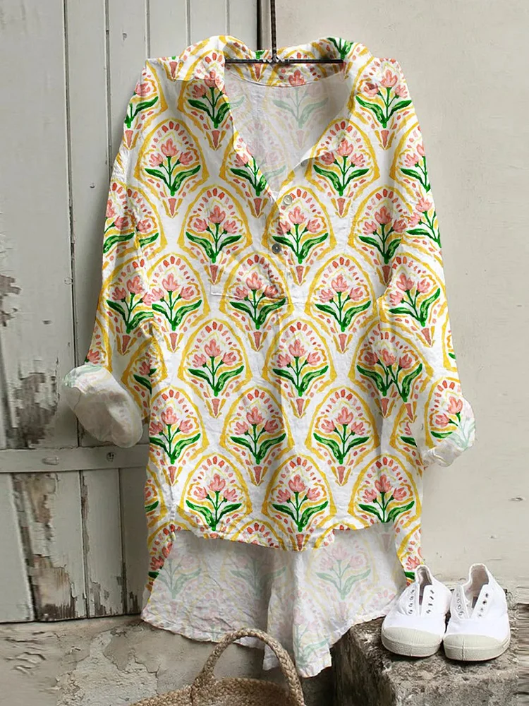 Women's Retro Flower Art  Print Casual  Shirt