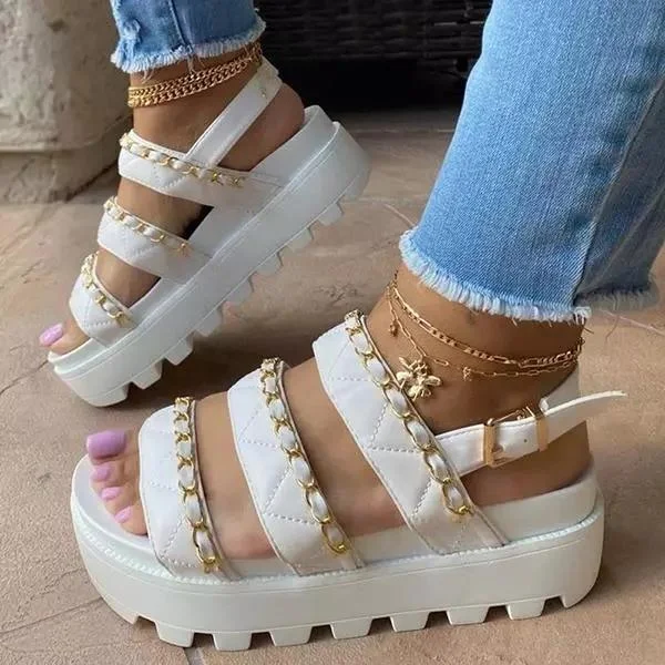 Women Comfotable Fashion Pu Chain Adjusting Buckle Thick Bottom Sandals