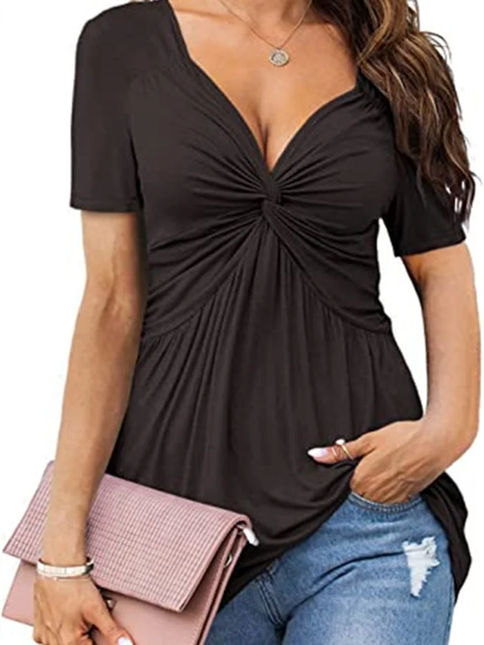 Women Short Sleeve V-neck Solid Color Tops