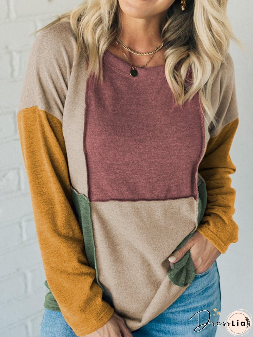 Light Beige French Seam Detail Colorblock Knit Top with Long Sleeves