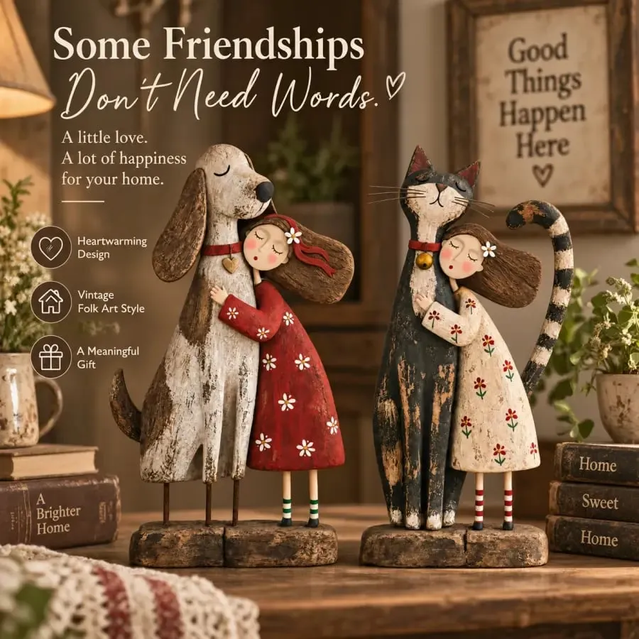 Girl hugging her dog and cat folk art figurines in a warm home
