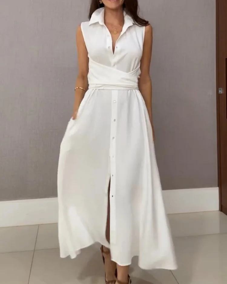 Women's solid color sleeveless shirt collar dress