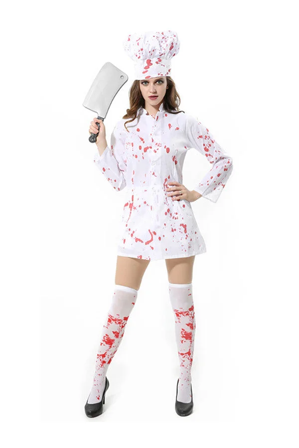 Womens Fancy Dress Halloween Cosplay Bloody Zombie Chef Costume White-elleschic