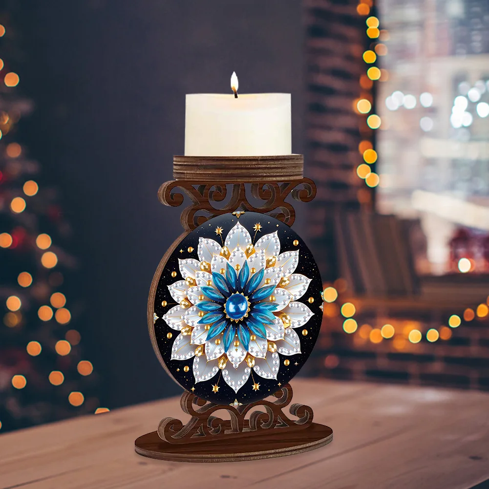 Wooden Diamond Painting Candle Holder Rhinestone Candlestick Decor (Mandala A)