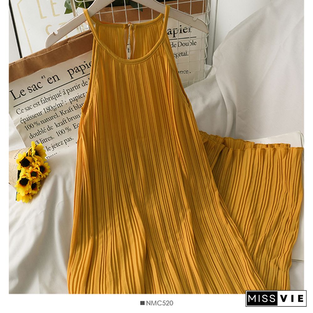 Dress Women Summer Retro Simple Chic Loose Off Shoulder Pleated Dresses Female Midi Sundress Trendy Sleeveless Vestidos Daily