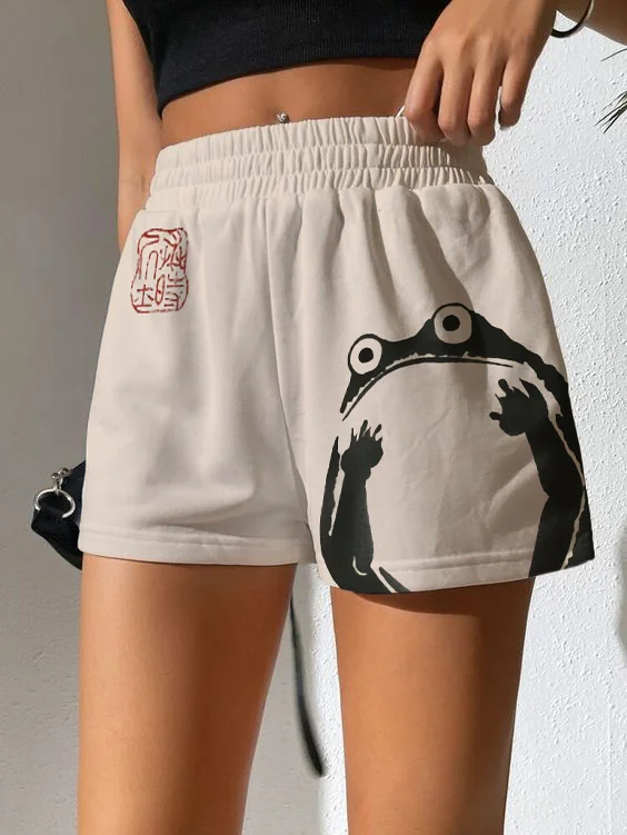 Women's Japanese Art Frog Print Elastic Waist Casual Shorts