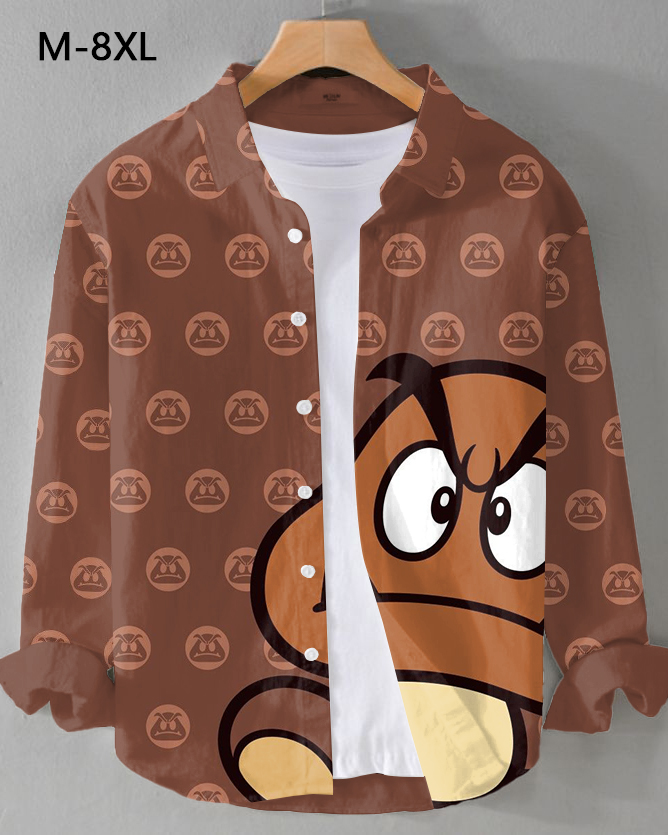 Men's Plus Size Fun Game Mushroom Print Long Sleeve Shirt