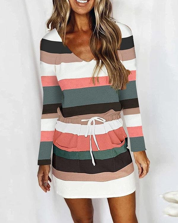 Casual V Neck Long Sleeve Stripe Mini Dress with Drawstring & Pockets - Chicaggo