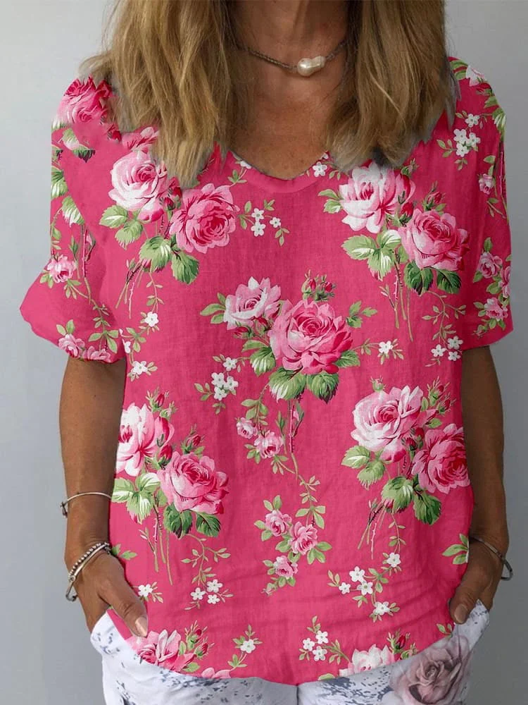 Women's casual fashion floral print cotton and linen T-shirt