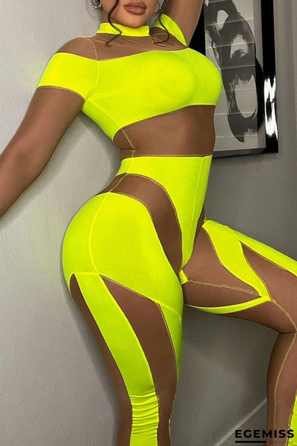Yellow Sexy Solid Patchwork See-through O Neck Long Sleeve Two Pieces | EGEMISS