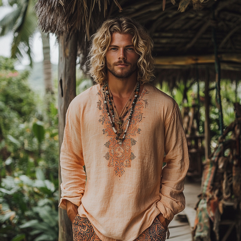 Men's Bohemian Holiday Style Vintage Linen Printed Casual Long Sleeve Top-inspireuse