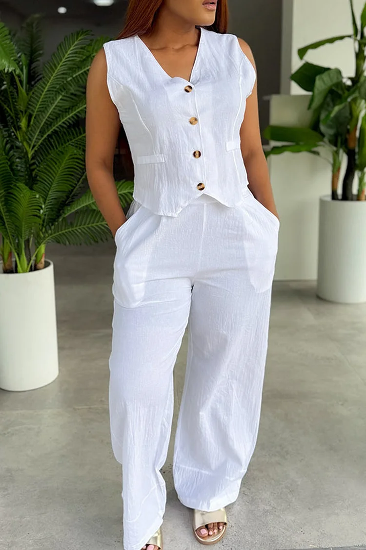 Plus Size Vacation White Casual Pocket Linen Two Piece Pant Sets [Pre-Order] 2024 - Xpluswear