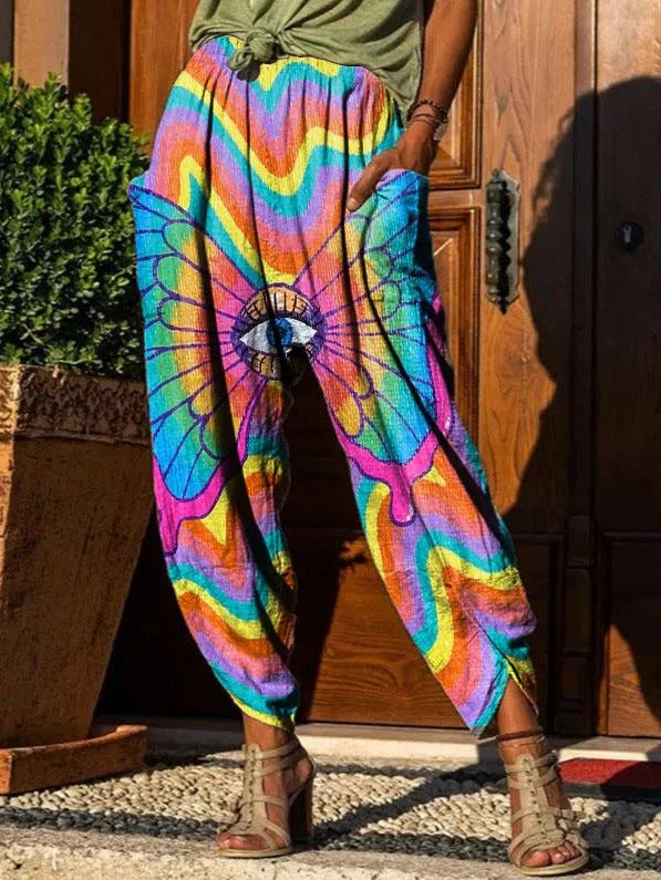 Women's Retro Butterfly Eyes Rainbow Print Casual Pants