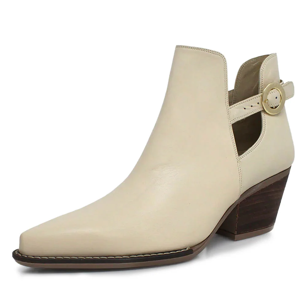 YDN Ivory Cut-Out Chunky Heel Buckle Strap Short Boots for Women