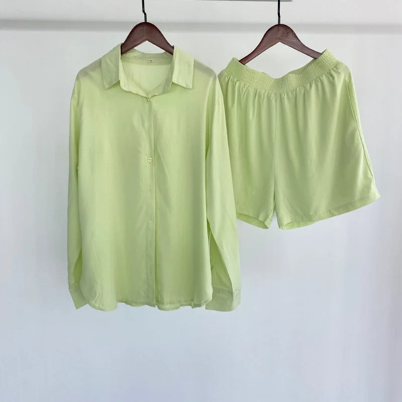 Msfancy Summer Short Sets Women 2021 Green Long Sleeve Shirt Elastic Waist Shorts 2 Pieces Sets Casual Outwear