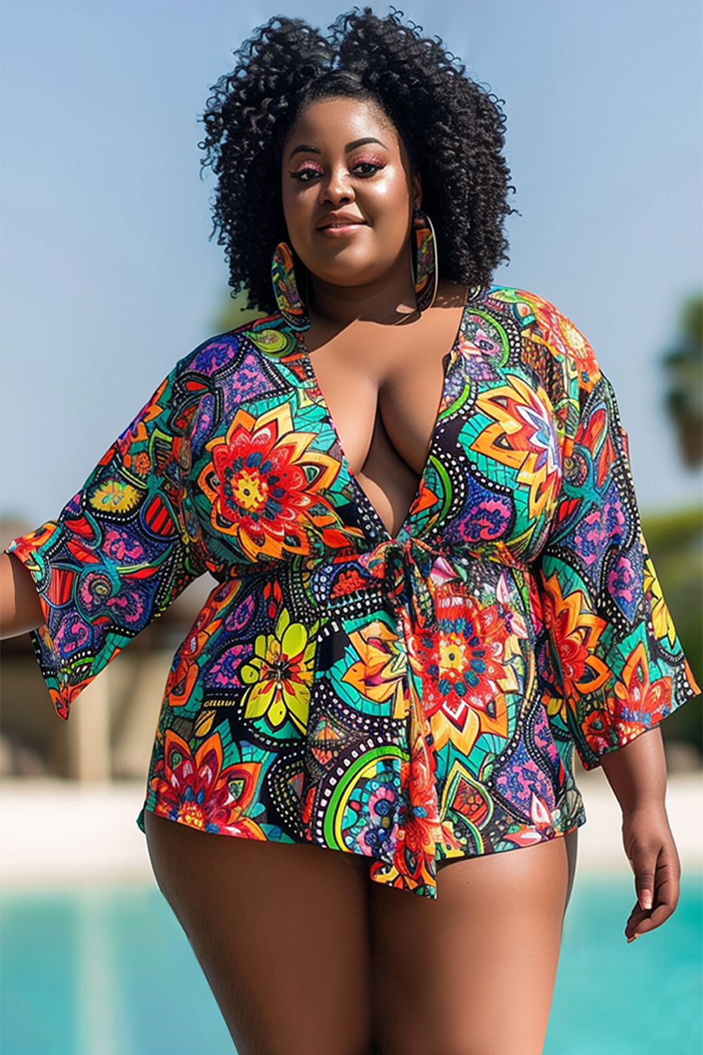 Design Plus Size Vacation Multicolor Floral Print V Neck 3/4 Sleeve Cover Ups [Pre-Order]