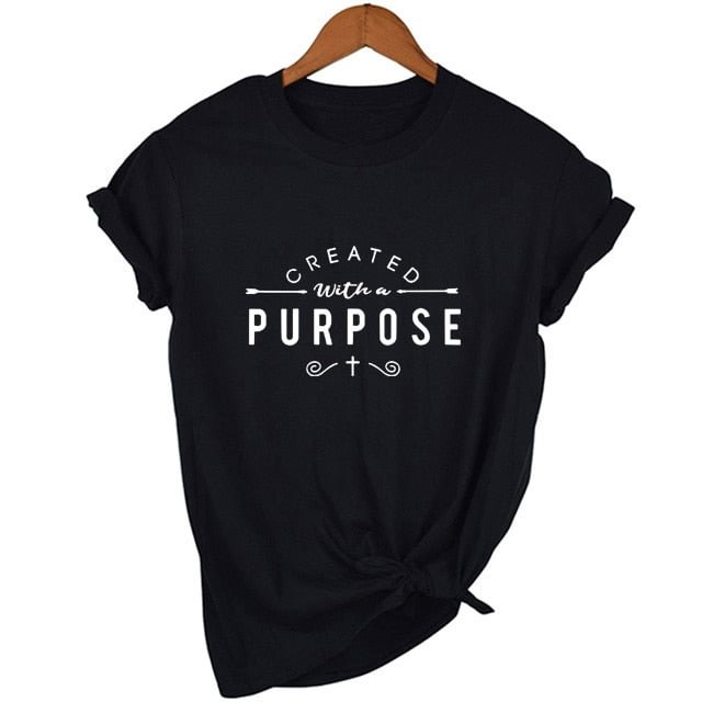 Created with A Purpose Cross T Shirts Casual Women Christian Faith Tee Shirt Femme Tumblr Grunge Short Sleeve Top Drop Shipping