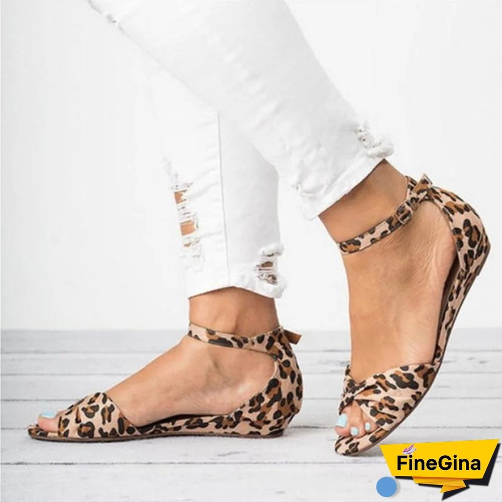 Women Leopard Print Flat Sandals Beach Peep-toe Sandals