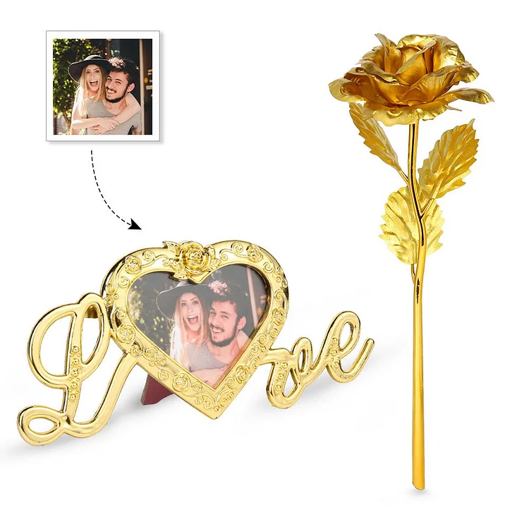 Golden Rose Flower Custom Heart Photo Frame Love Gifts