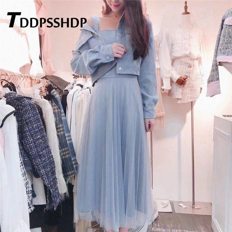 Fashion 2019 Women Dress with Out Wear Apricot Blue Pink Color Two Piece Suit Spring Female Dresses