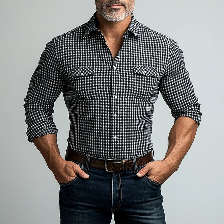 Men's Turndown Collar Single Breasted Houndstooth Pattern Long Sleeve Shirt