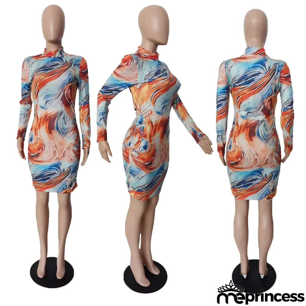 Trendy Printed Long Sleeve Slim Mini Dress