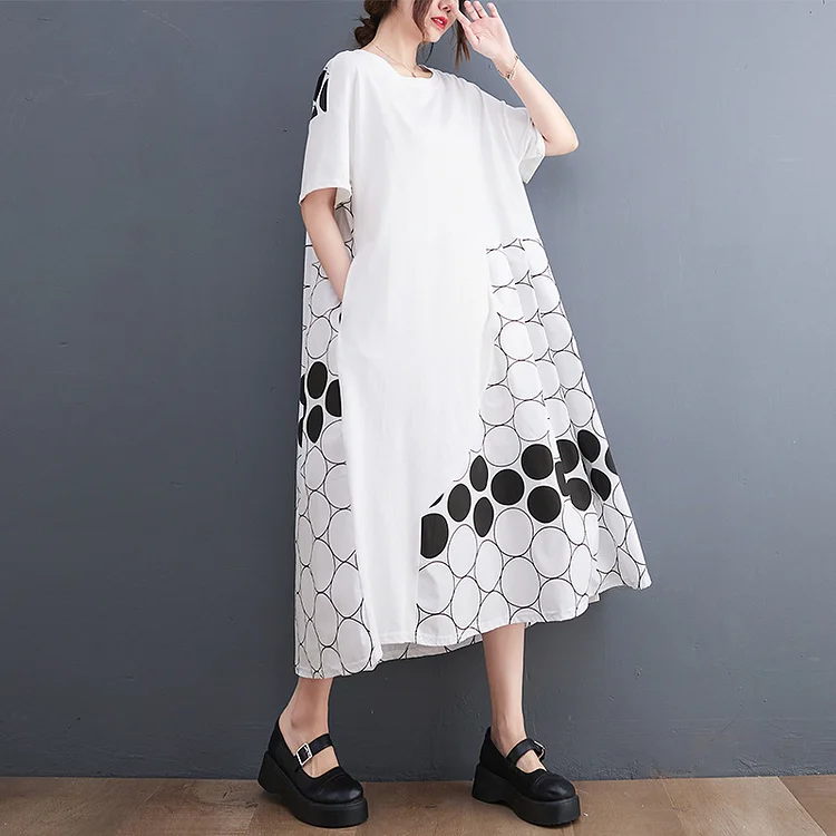 Casual Loose Print Splicing Midi Dress