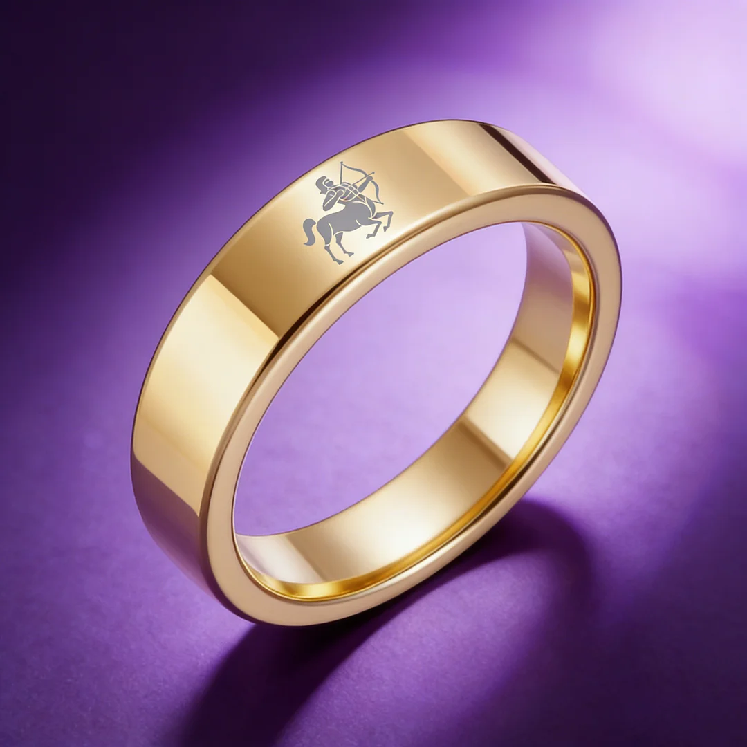 Gold Tungsten Carbide Rings Flat Sagittarius Wedding Band Flat Top Comfort Fit 4MM 6MM 8MM