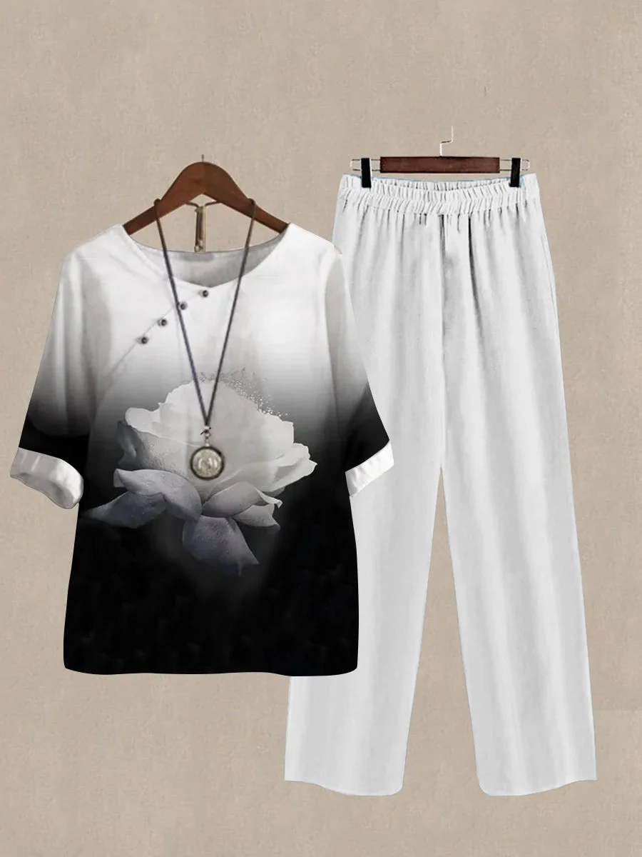 Linen Casual Women's Rose Print Two Pieces Set