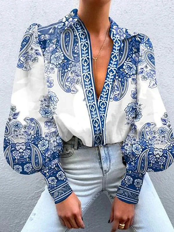 Long Sleeves Loose Buttoned Flower Print V-neck Blouses&shirts Tops