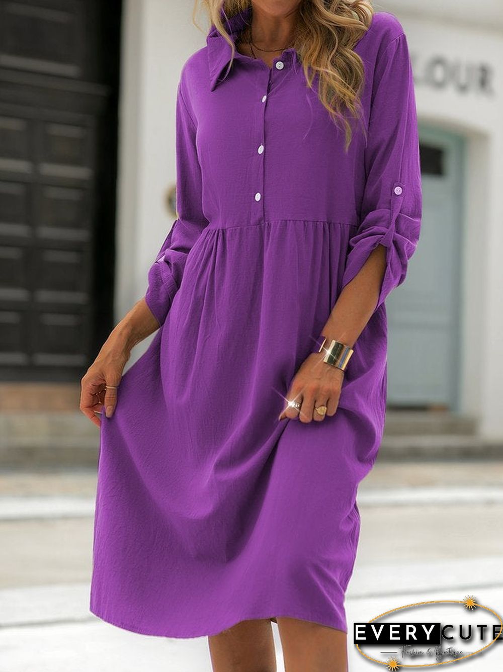 Shirt Collar Shift Long Sleeve Cotton-Blend Dresses Linen