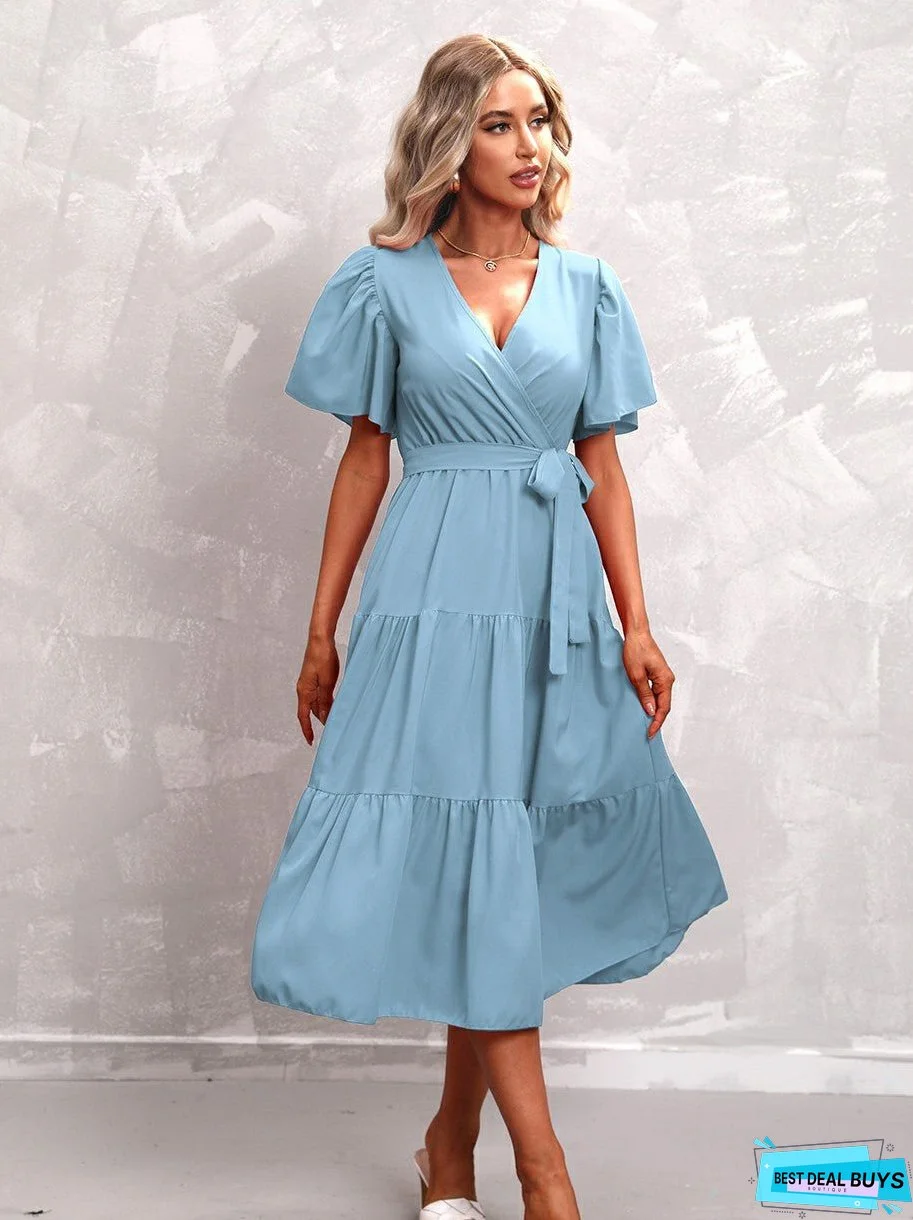 Solid Color Belted Short Sleeves Dress