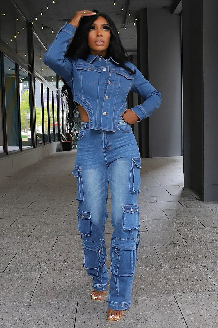 Denim Long Sleeve Irregular Jacket Pockets Cargo Jeans 2pcs Set-Blue