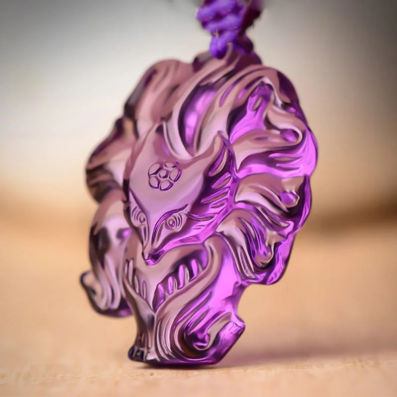 Natural Amethyst White Crystal Citrine Nine Tailed Fox Luck Necklace Pendant