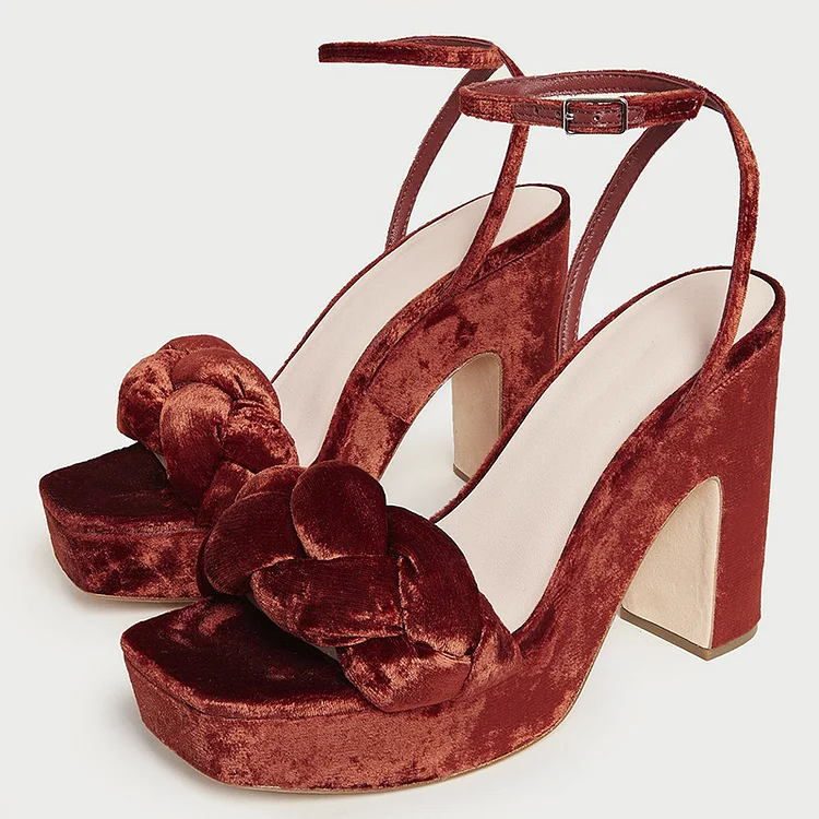 Burgundy Velvet Braided Platform Sandals with Chunky Heels Vdcoo