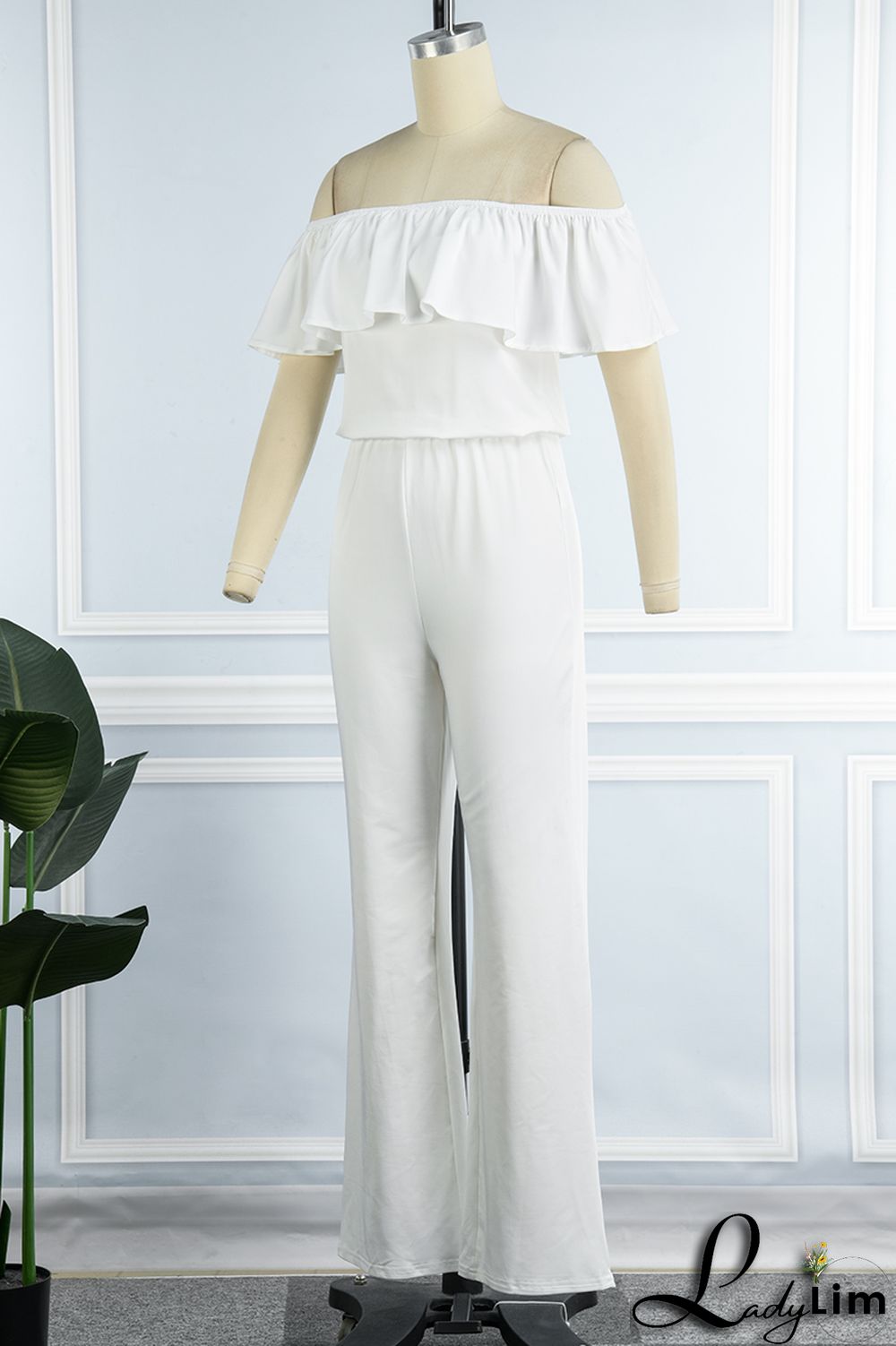 Grey Casual Solid Patchwork Flounce Off the Shoulder Straight Jumpsuits