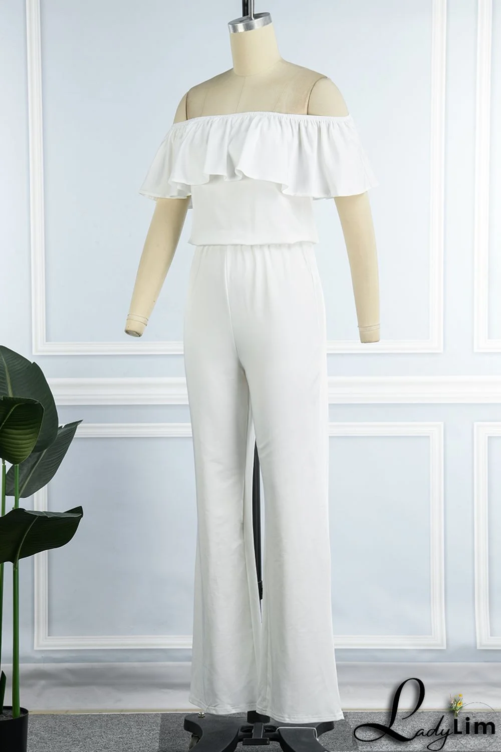 Grey Casual Solid Patchwork Flounce Off the Shoulder Straight Jumpsuits