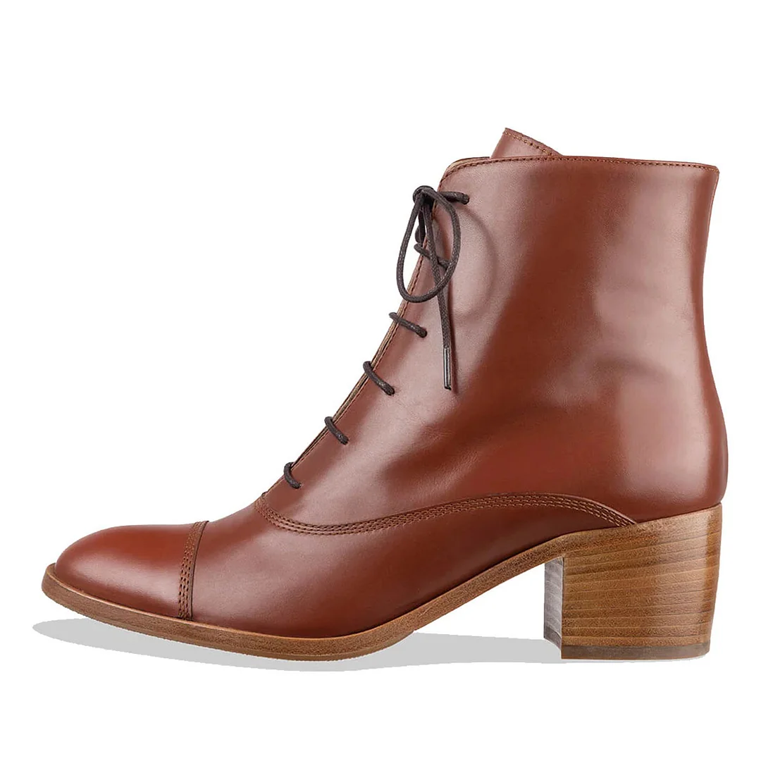 Brown Vegan Leather Almond Toe Side-Zip Decorative Heel Ankle Booties