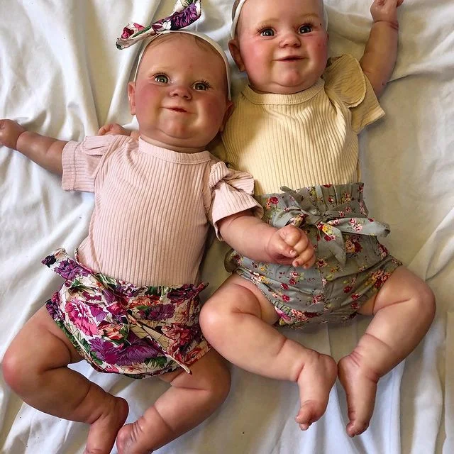 (New)20" Cute Lifelike Handmade Silicone Smile Reborn Twin Sisters Andrea and Grace
