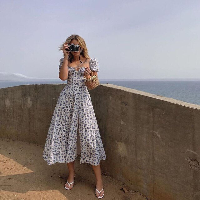 Summer Dress woman Fashion Puff Sleeve Floral High Split Long Maxi Dresses Lace Up Drawstring casual women's dresses Vestidos